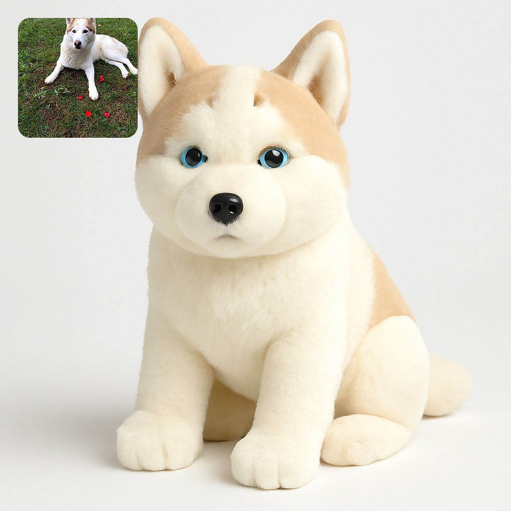 A serene white and tan dog lounges on a grassy patch scattered with a few red flower petals, looking attentively at the camera with a calm and gentle expression.