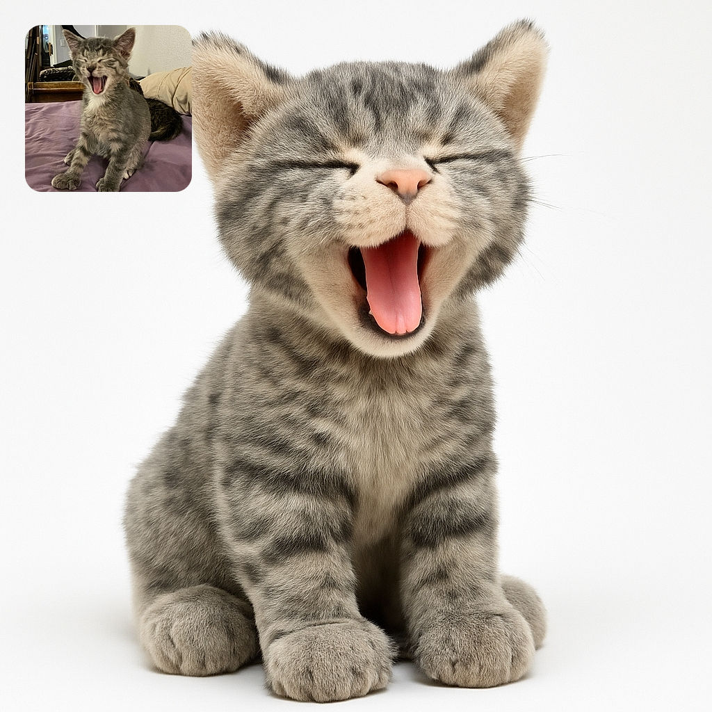 A fluffy gray kitten is caught mid-yawn or mid-meow on a purple bedspread, with another cat partially visible in the background. The cozy indoor setting includes pillows and some furniture, creating a warm and homey vibe.
