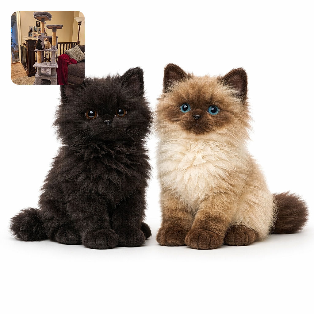 Two curious cats holding court on a plush gray cat tree like tiny furry roommates — one dark and one cream-colored — while a cozy living room with a red throw, framed family photos, lamp, and window forms the backdrop. The scene screams relaxed domestic royalty and mild plotting for extra treats.