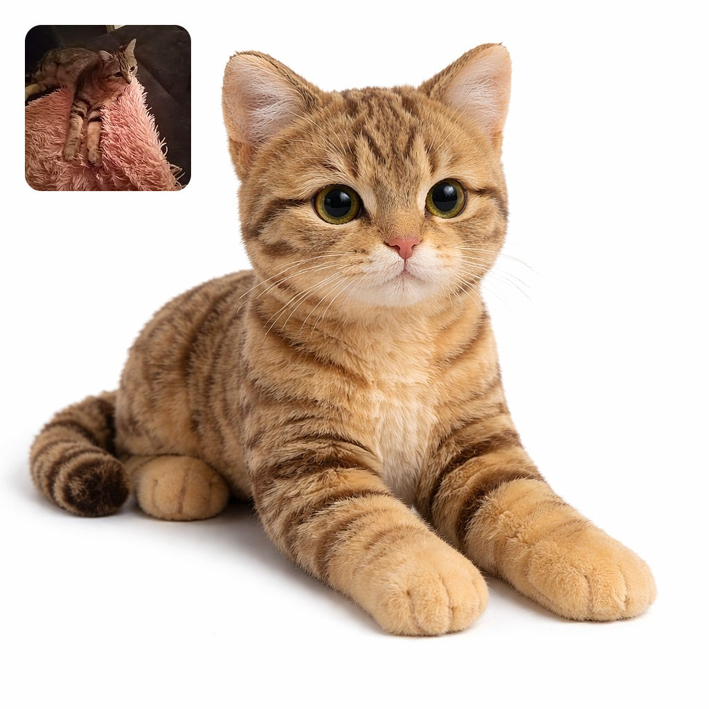 A tabby cat perched like royalty on a fluffy pink throne, front paws neatly extended as if politely waiting for treats — utterly unimpressed and extremely cozy.