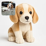 A cute beagle puppy lounging on a checkered blanket on a couch with a vase of flowers in the background, looking relaxed and slightly sleepy.