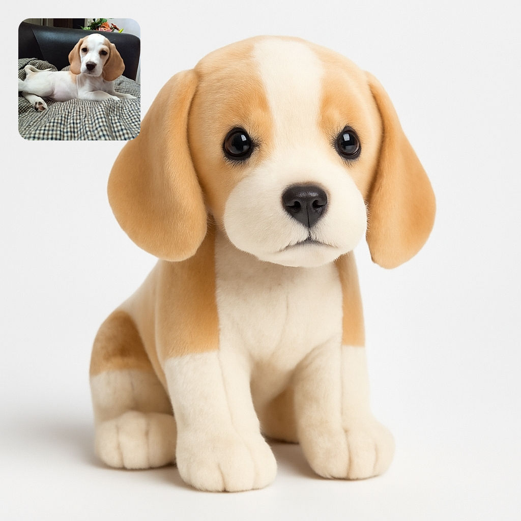 A cute beagle puppy lounging on a checkered blanket on a couch with a vase of flowers in the background, looking relaxed and slightly sleepy.