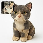 A close-up photo of a curious cat with striking green eyes and a mix of gray, cream, and white fur, looking slightly off-camera with a soft, blurred background.