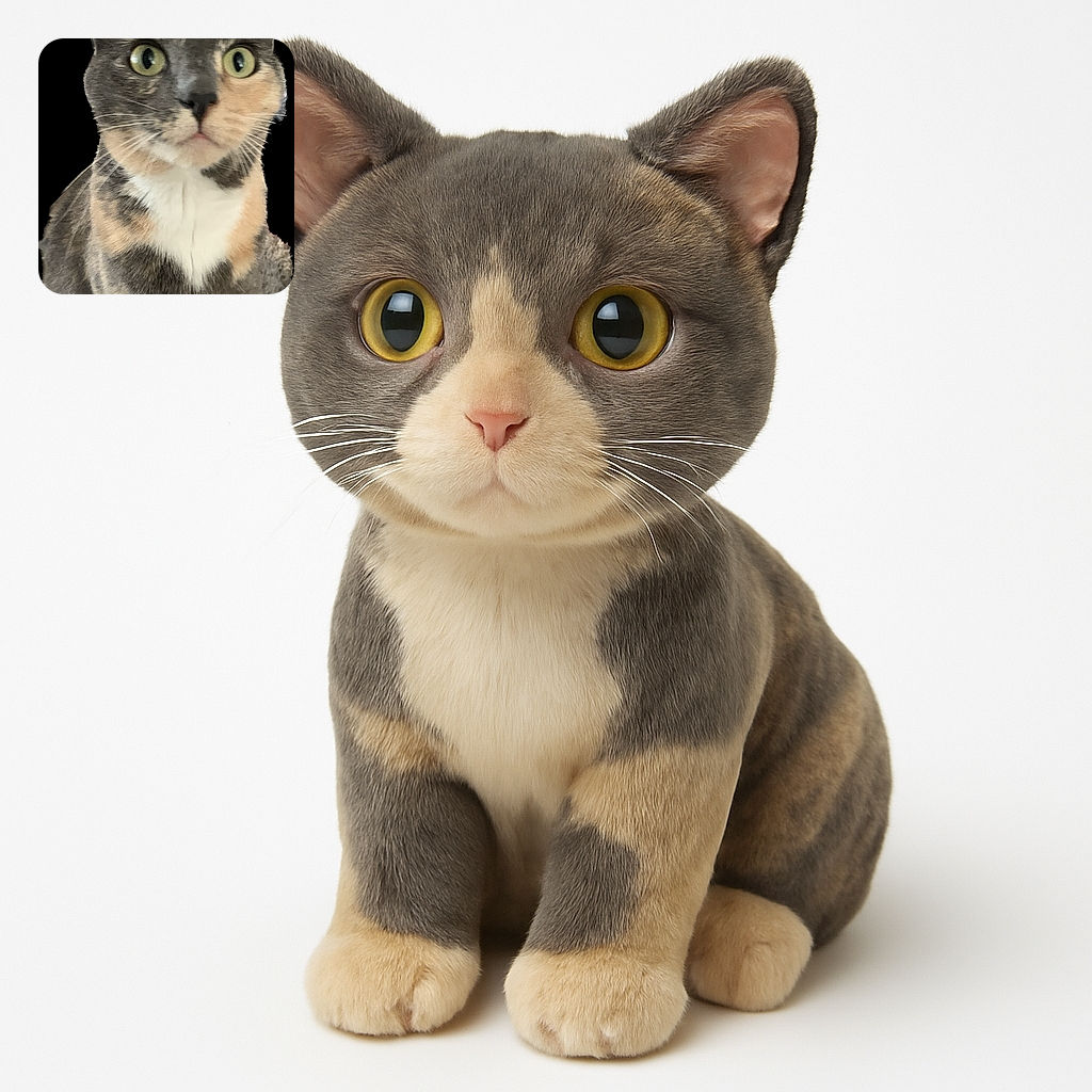 A close-up photo of a curious cat with striking green eyes and a mix of gray, cream, and white fur, looking slightly off-camera with a soft, blurred background.