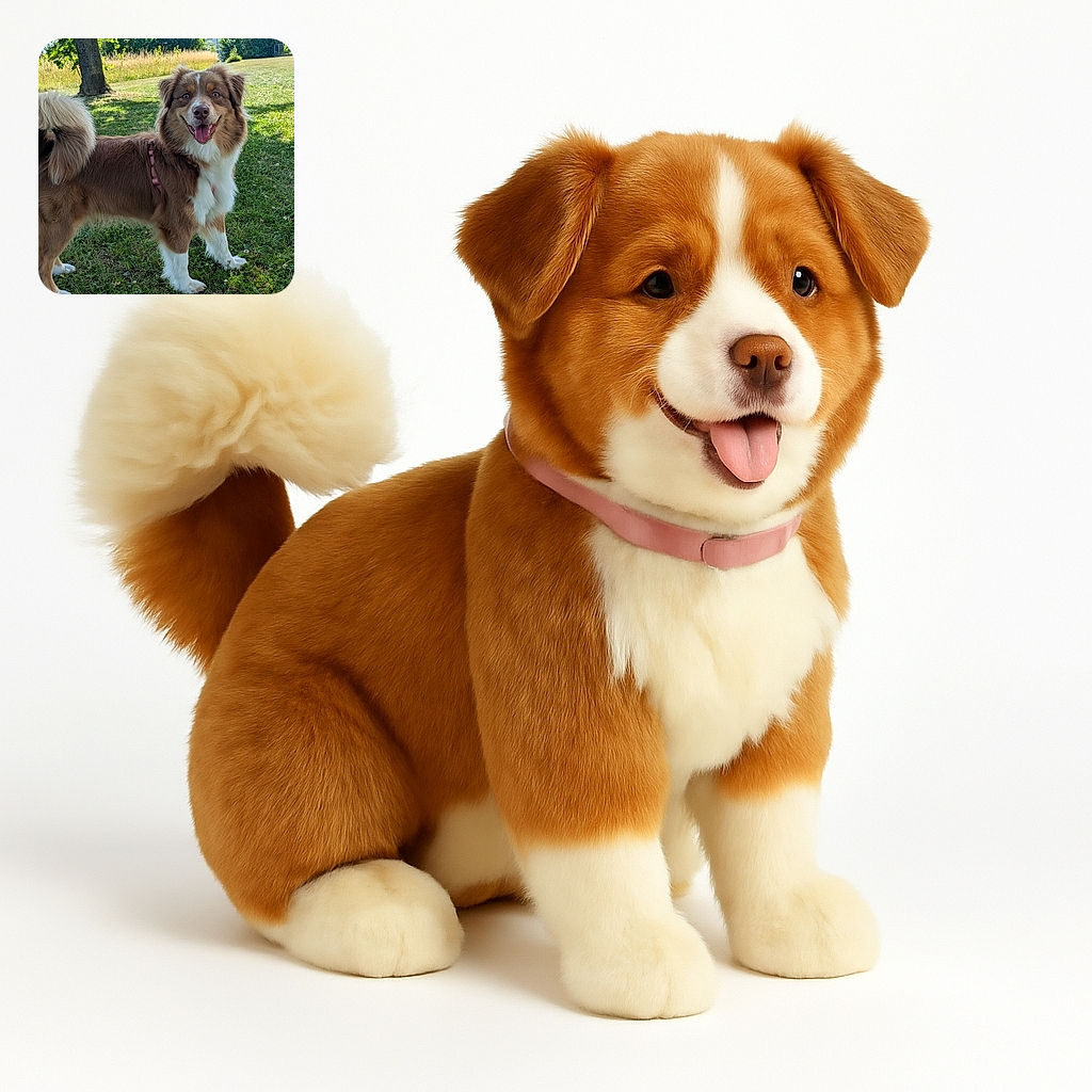 A fluffy, happy dog with a curled tail and a pink harness stands proudly on a sunny grassy field, smiling as if it just nailed the perfect doggy pose for the camera.