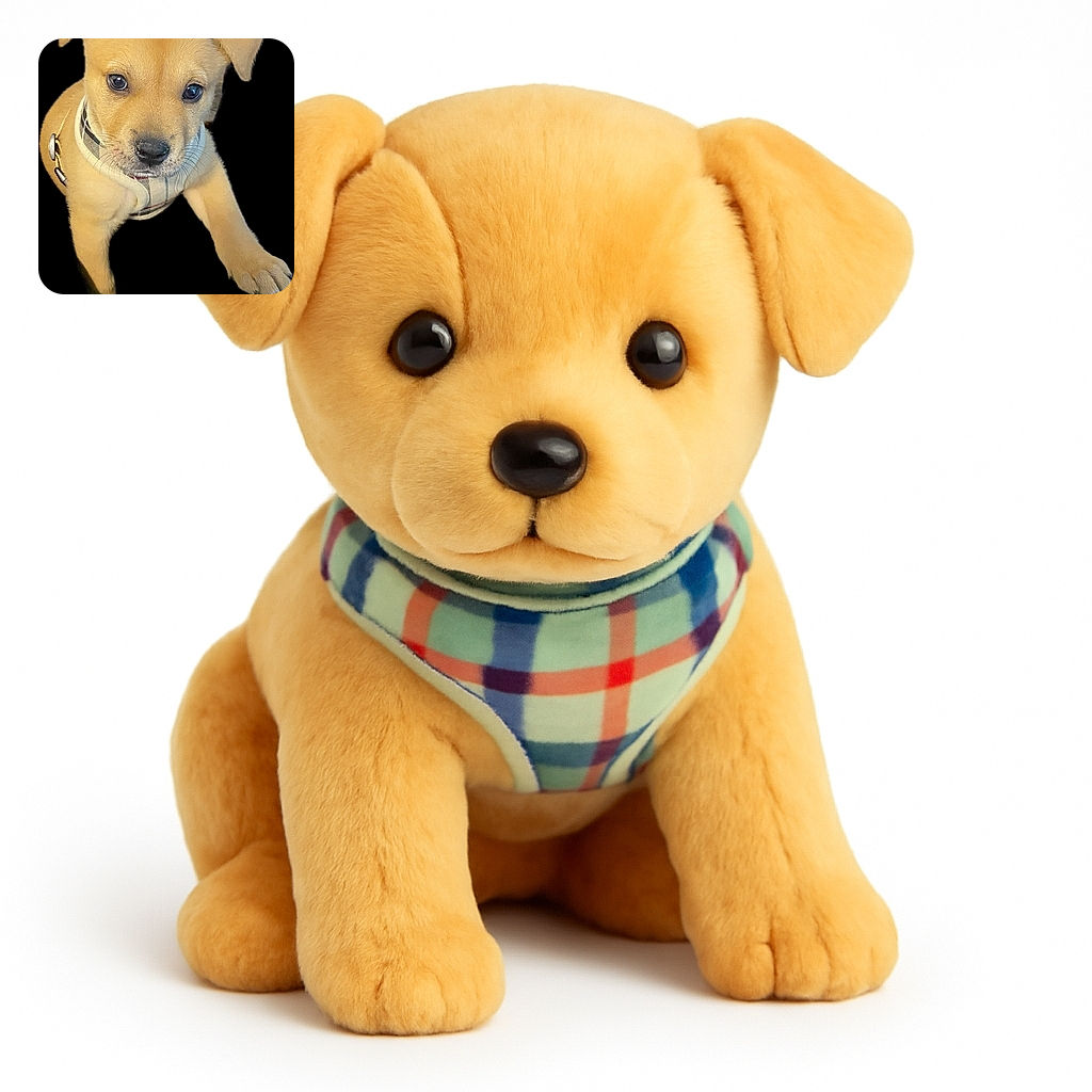 An adorable light brown puppy with soulful eyes and a cute harness is reaching out against a black background, looking like it's about to leap into your heart.