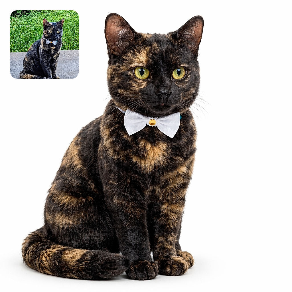 A sleek tortoiseshell cat with a stylish white bow tie sits regally on a concrete surface, with lush green grass and foliage in the background, looking like it's ready for a fancy garden party.