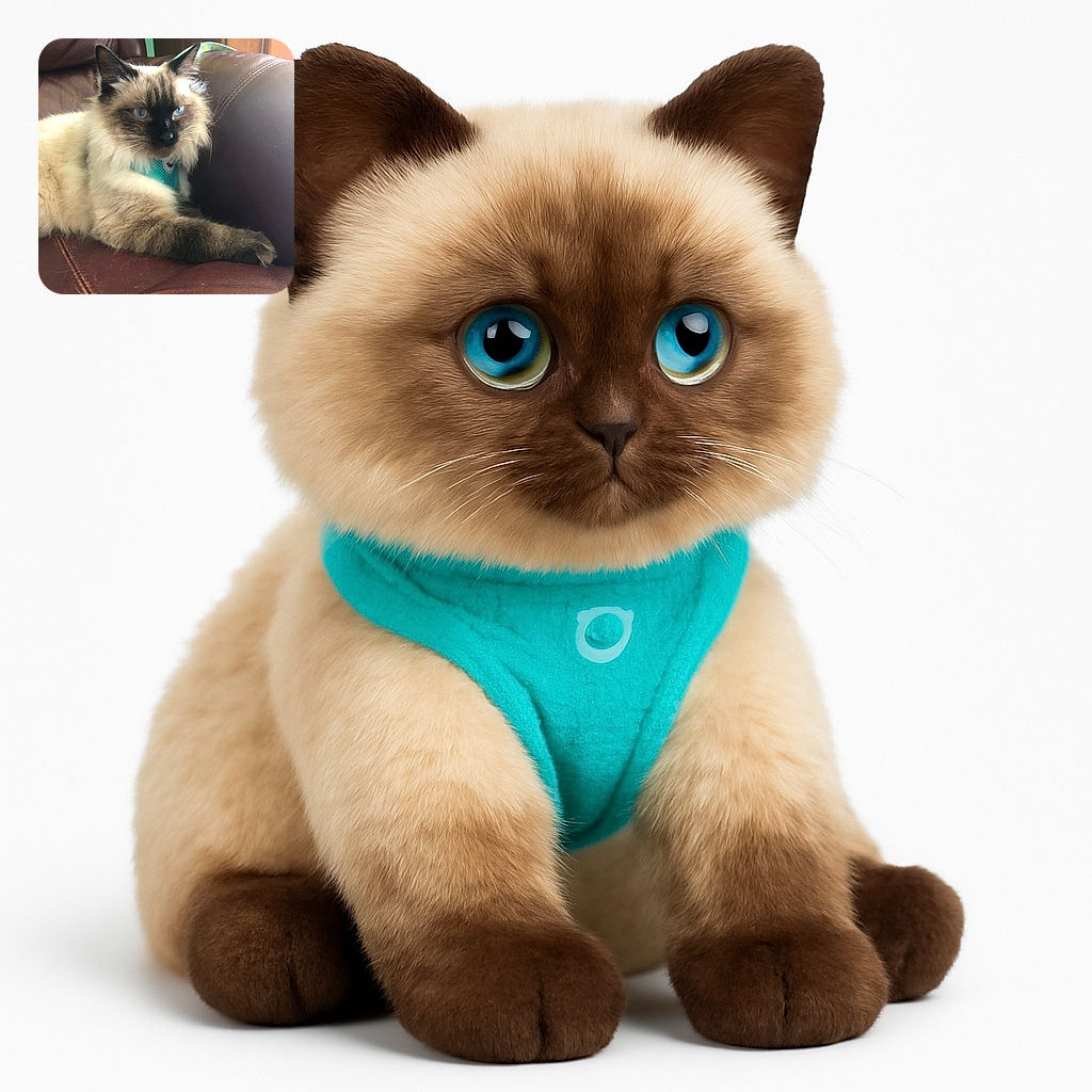 A fluffy cat with striking blue eyes lounges comfortably on a worn leather chair, wearing a bright blue harness that adds a pop of color to the cozy indoor setting.