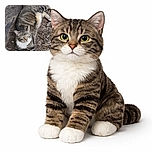 A charming tabby cat lounges comfortably on a bed of brown mulch and dirt, its fur blending beautifully with the earthy background. The cat's bright eyes gaze upward with curiosity, while its white chest and paws add a striking contrast to its striped coat.