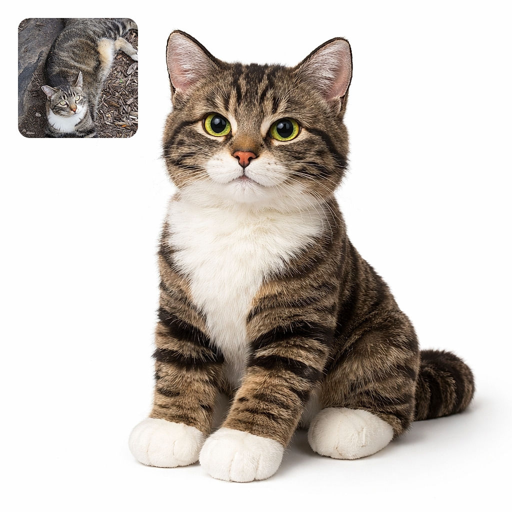 A charming tabby cat lounges comfortably on a bed of brown mulch and dirt, its fur blending beautifully with the earthy background. The cat's bright eyes gaze upward with curiosity, while its white chest and paws add a striking contrast to its striped coat.