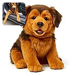 A fluffy, happy dog lounges comfortably in the open doorway of a car, stretching its front legs out onto the ground with a relaxed and content expression.