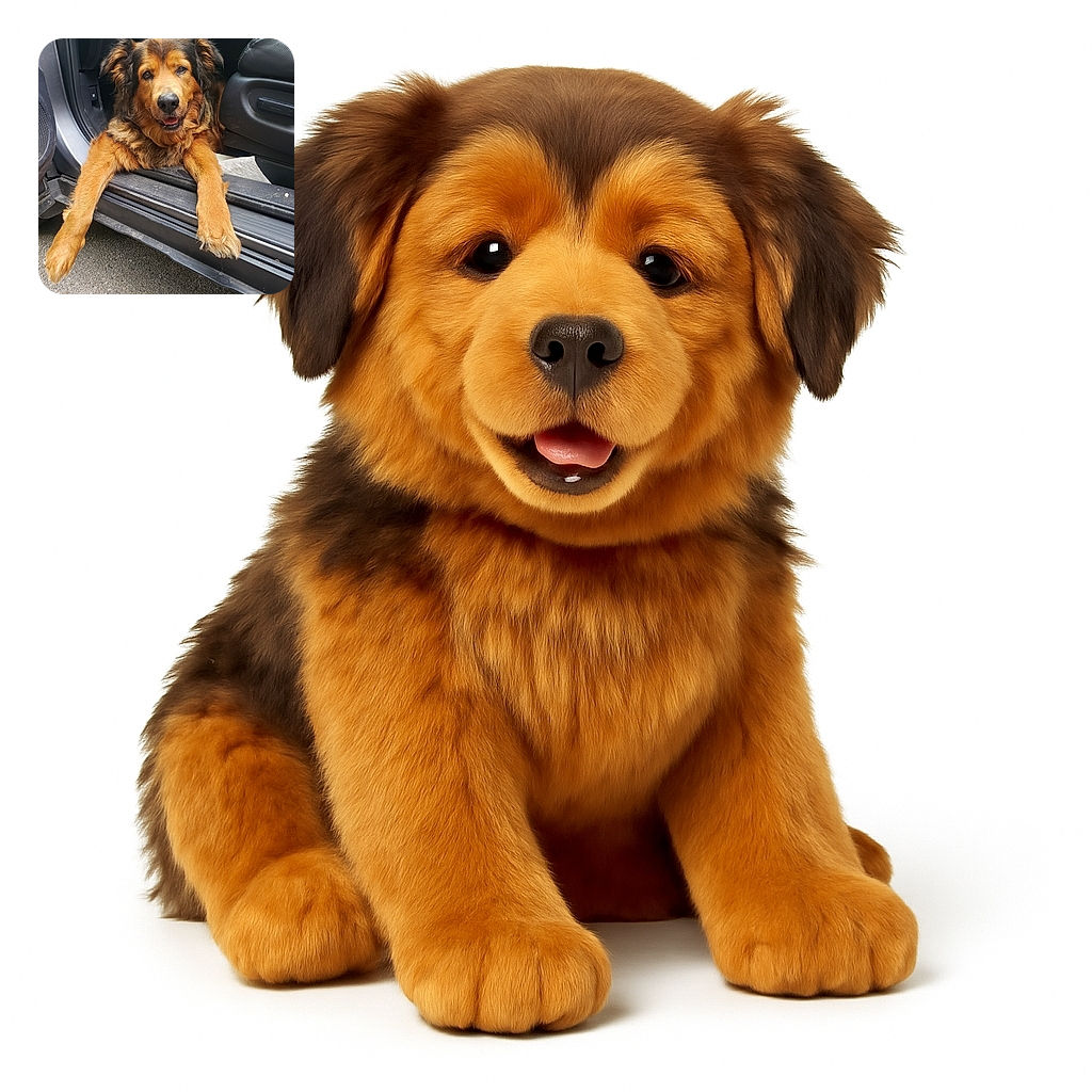 A fluffy, happy dog lounges comfortably in the open doorway of a car, stretching its front legs out onto the ground with a relaxed and content expression.