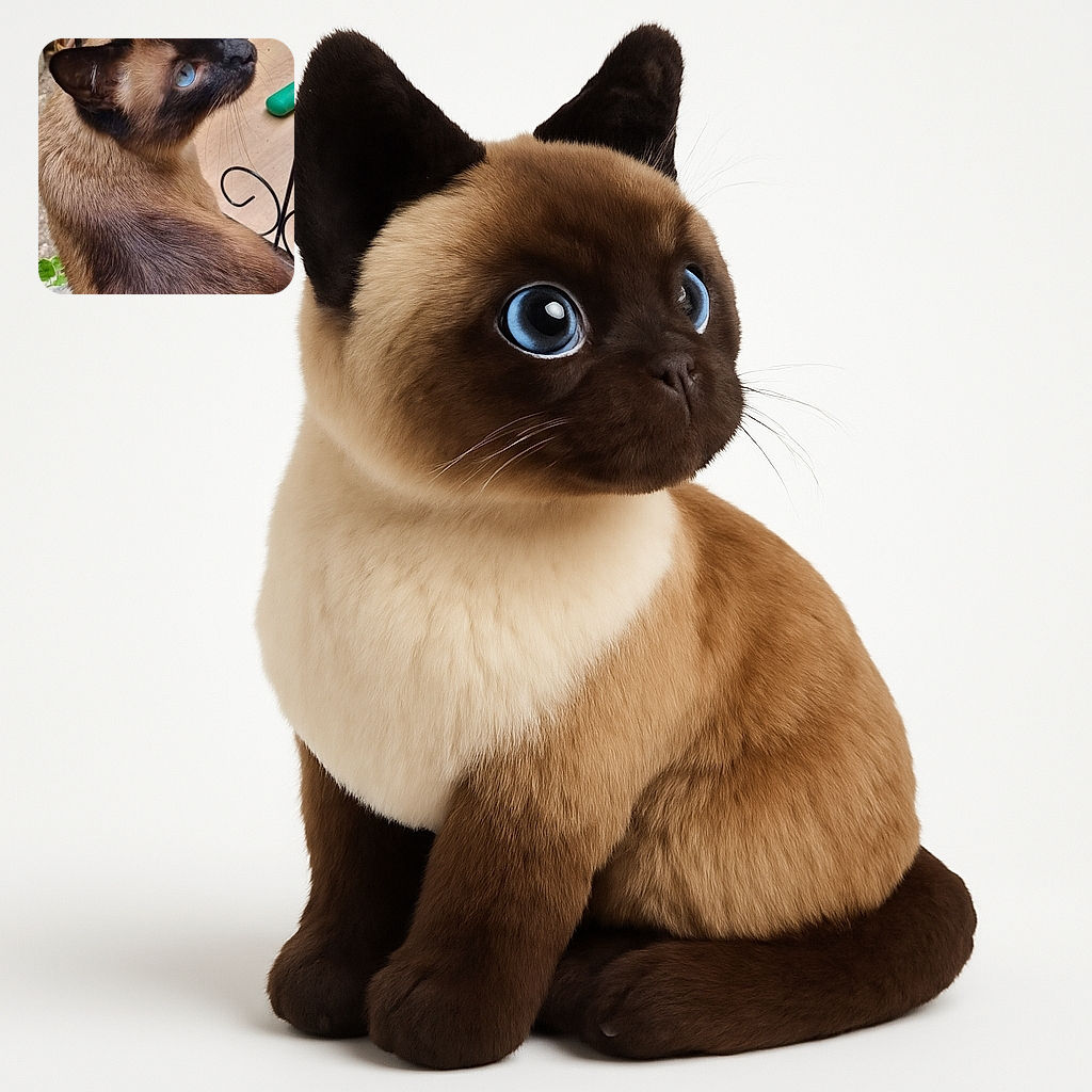 A beautiful Siamese cat with striking blue eyes looks upwards, sitting near a metal fence with some green foliage and a few budding flowers nearby. The fur texture is detailed, and the natural light highlights the cat's elegant features.