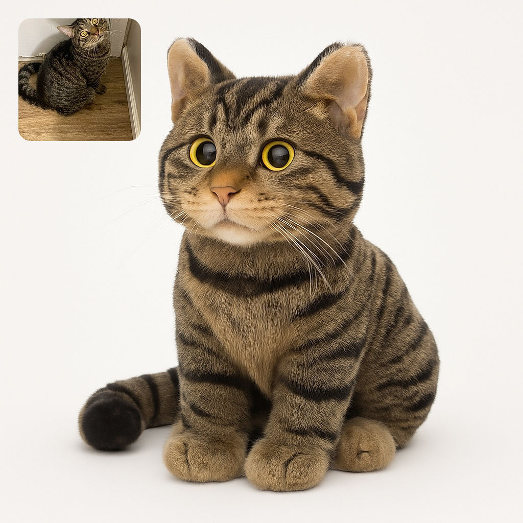 A curious tabby cat sits on a wooden floor, tilting its head with wide, inquisitive eyes looking up, framed by a plain white wall and baseboard in the background.