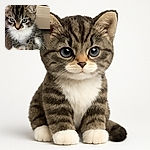 A close-up of a curious kitten with big blue eyes and fluffy fur, sitting on a carpet with a wooden background and a heater behind it. The kitten looks slightly out of focus but irresistibly cute.