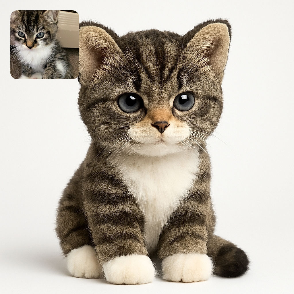 A close-up of a curious kitten with big blue eyes and fluffy fur, sitting on a carpet with a wooden background and a heater behind it. The kitten looks slightly out of focus but irresistibly cute.