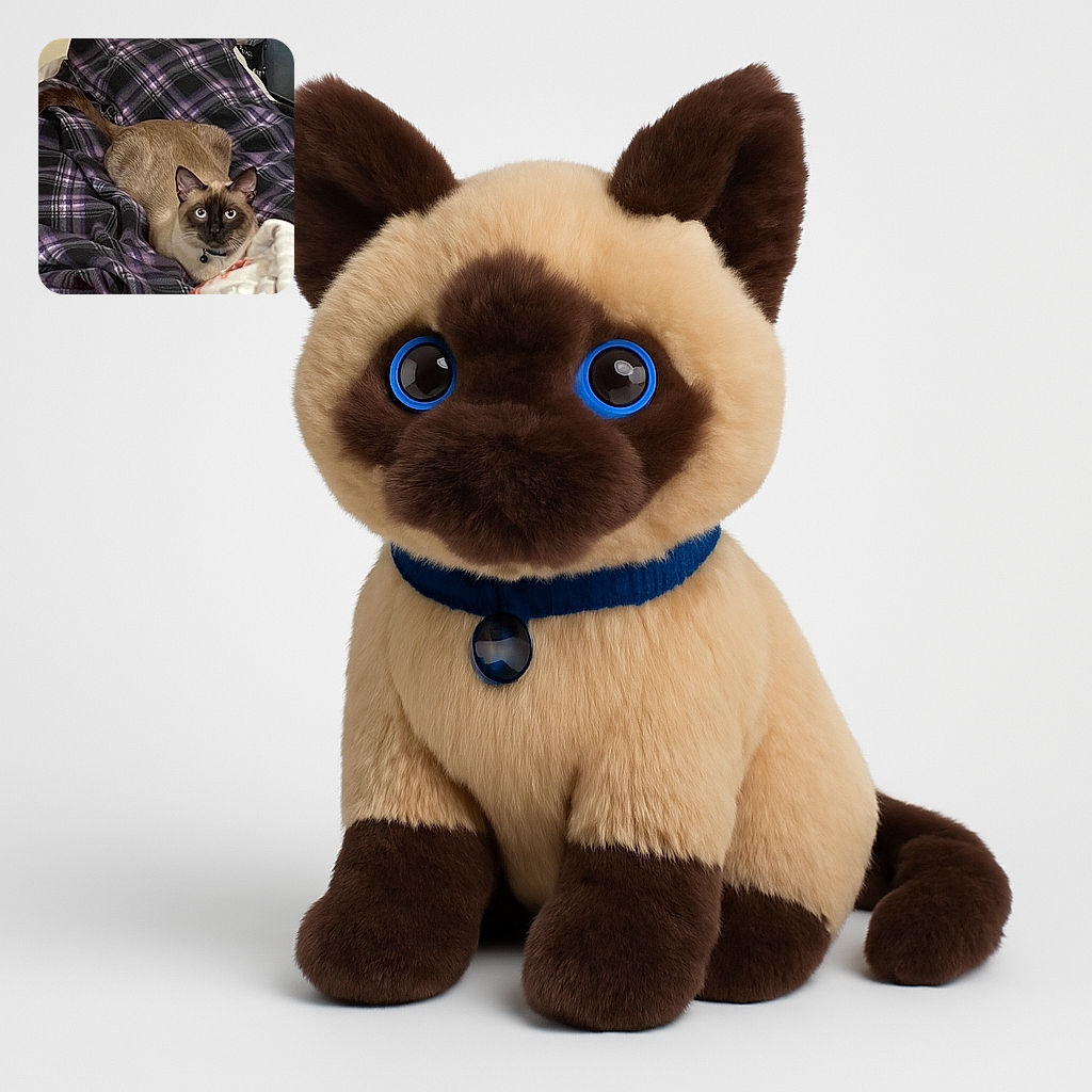 A curious Siamese cat with striking blue eyes is nestled comfortably on a cozy purple plaid blanket, giving a wide-eyed, almost surprised stare as if caught in the middle of a secret nap.