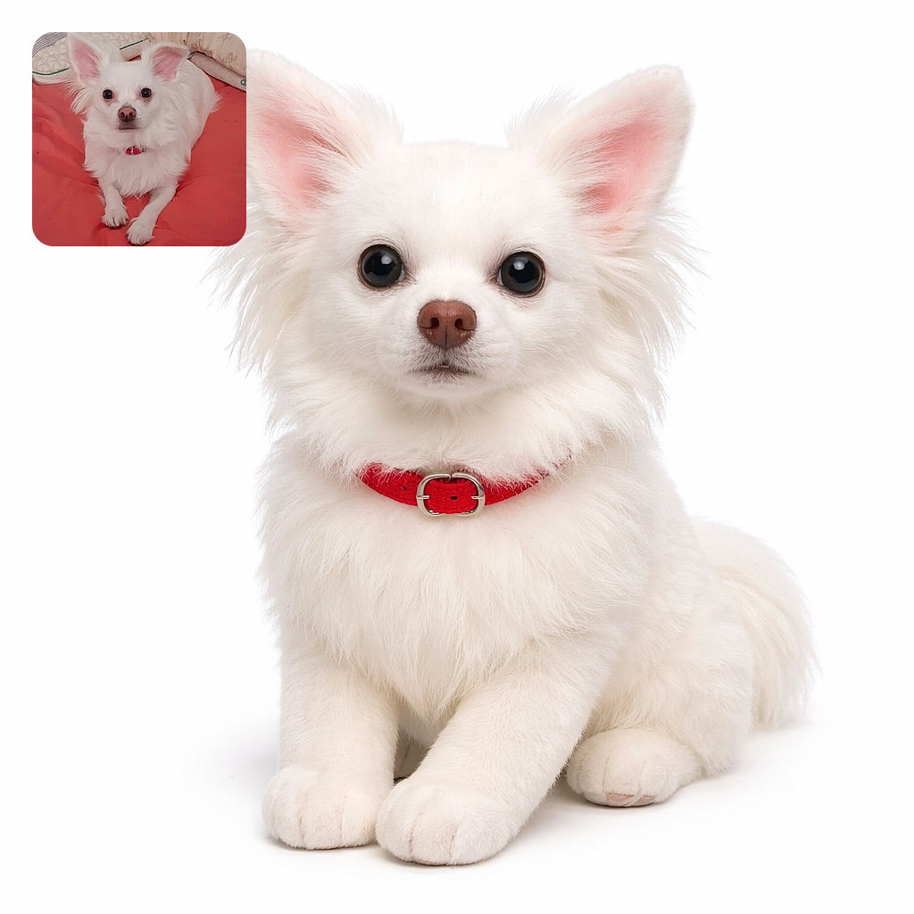 A fluffy white pup stares directly at the camera with big round eyes and perky ears, striking the timeless "did you bring snacks?" pose while lounging on a coral bedspread — equal parts dignity and demand.