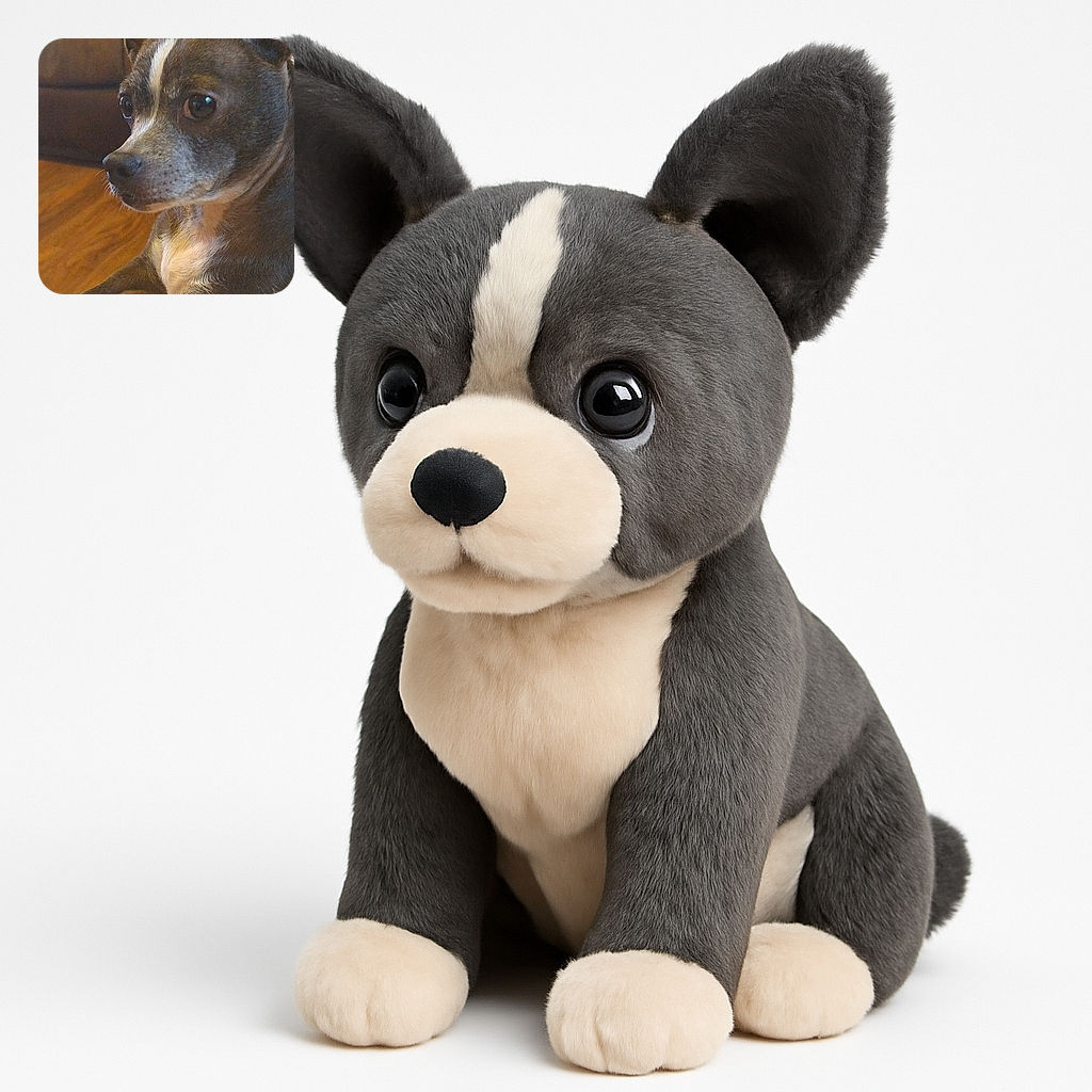 A close-up of a small dog with large, attentive ears and soulful eyes, resting comfortably on a soft surface with a cozy couch in the background, capturing a quiet moment of calm and curiosity.