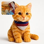 An adorable orange tabby kitten lounges comfortably on a colorful blue blanket with floral patterns, resting on a white leather couch next to a pillow with red, white, and gray stripes. The cozy scene is softly lit, capturing the kitten's curious gaze and fluffy fur.
