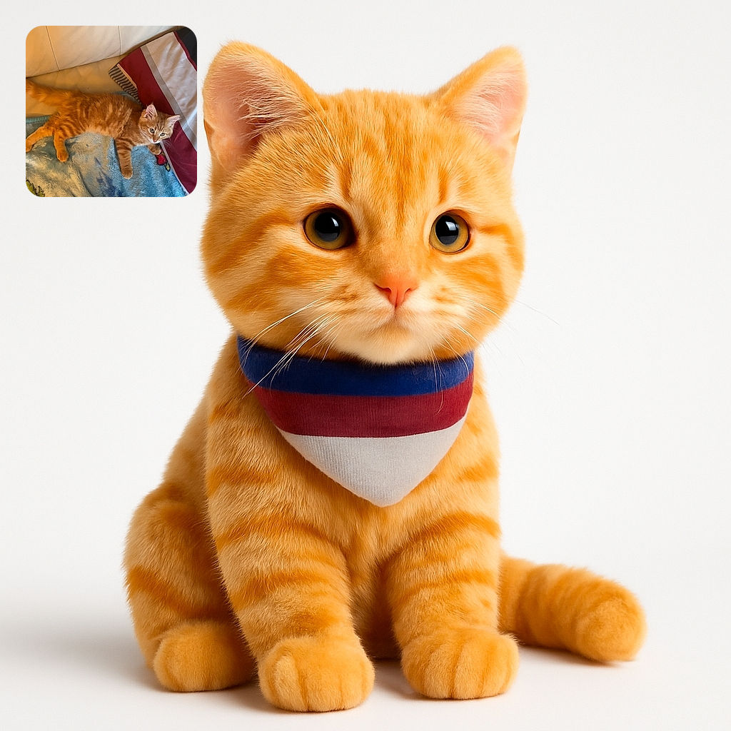 An adorable orange tabby kitten lounges comfortably on a colorful blue blanket with floral patterns, resting on a white leather couch next to a pillow with red, white, and gray stripes. The cozy scene is softly lit, capturing the kitten's curious gaze and fluffy fur.