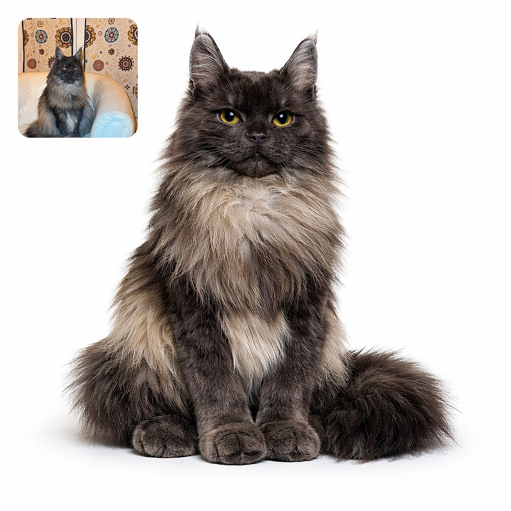 A majestic fluffy cat sits regally on a white leather armchair, with a backdrop of patterned curtains featuring circular floral designs, looking like the ruler of the living room kingdom.