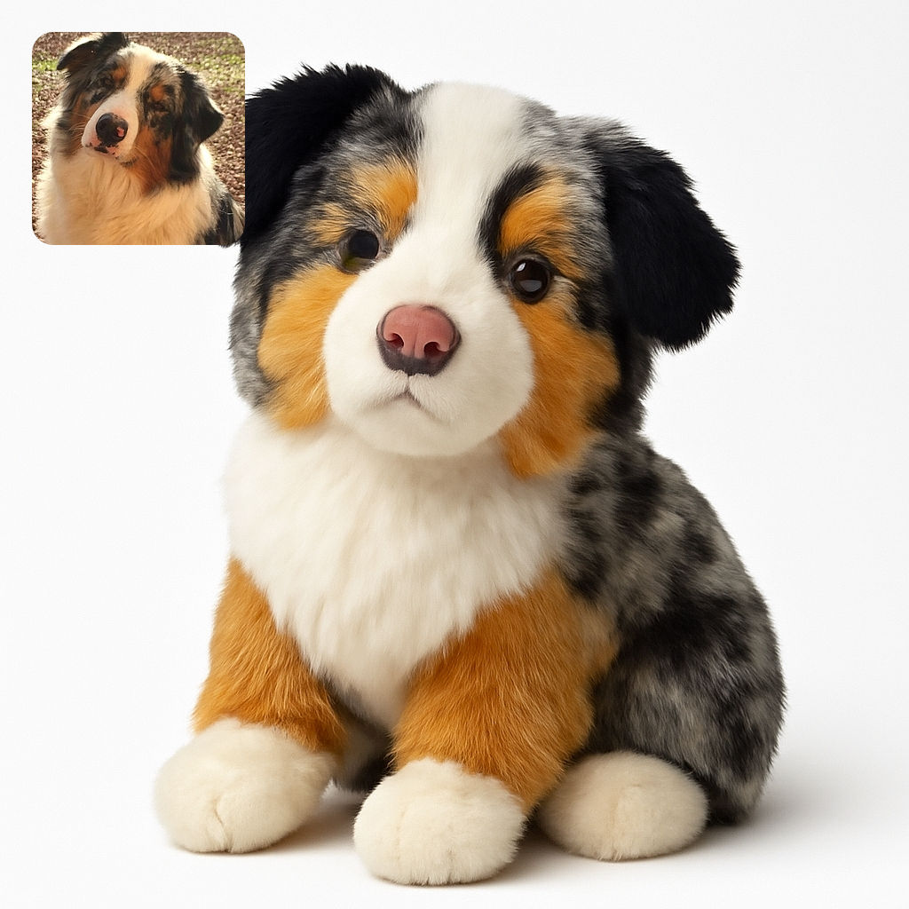 A fluffy, tricolor dog with a slightly squinty, relaxed expression basks in the sunlight outdoors on a gravelly surface with some greenery in the background.