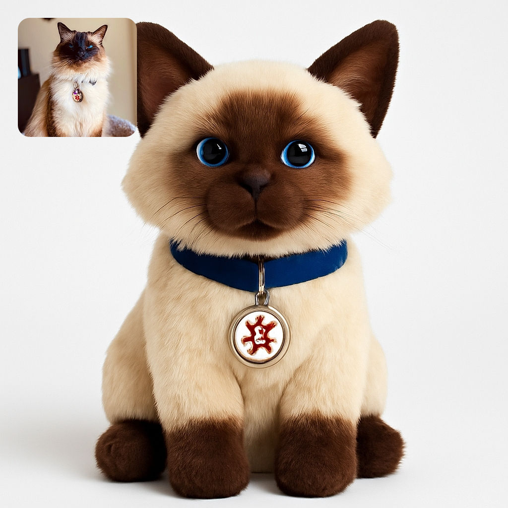 A majestic fluffy cat with deep blue eyes and a medical alert tag poses regally on a cozy bed, looking like the guardian of the house with a slightly mysterious expression.