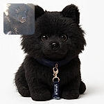 A fluffy black dog with shiny eyes is bathed in bright sunlight, creating a dramatic glow around its fur. The dog wears a collar with a tag labeled 'SPORT', looking curiously off-camera with a soft, contemplative expression.