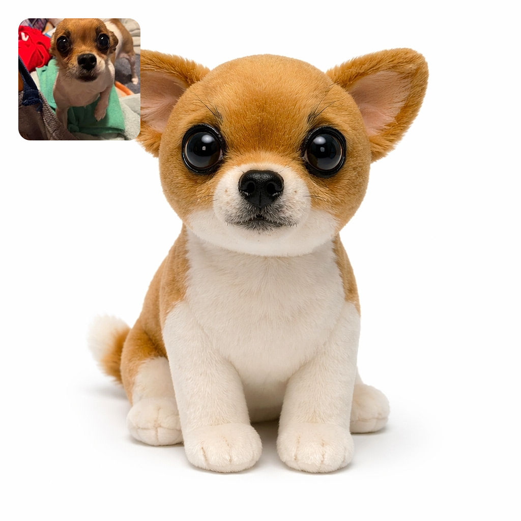 A tiny, wide-eyed Chihuahua stands on a cluttered bed, looking curiously at the camera with its tail wagging in excitement. The background is a cozy mess of blankets and clothes, making the dog the undeniable star of this candid snapshot.