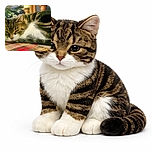 A cozy tabby cat is peacefully napping on a colorful woven mat, surrounded by a softly blurred background with hints of greenery and rustic decor, radiating calm and warmth.