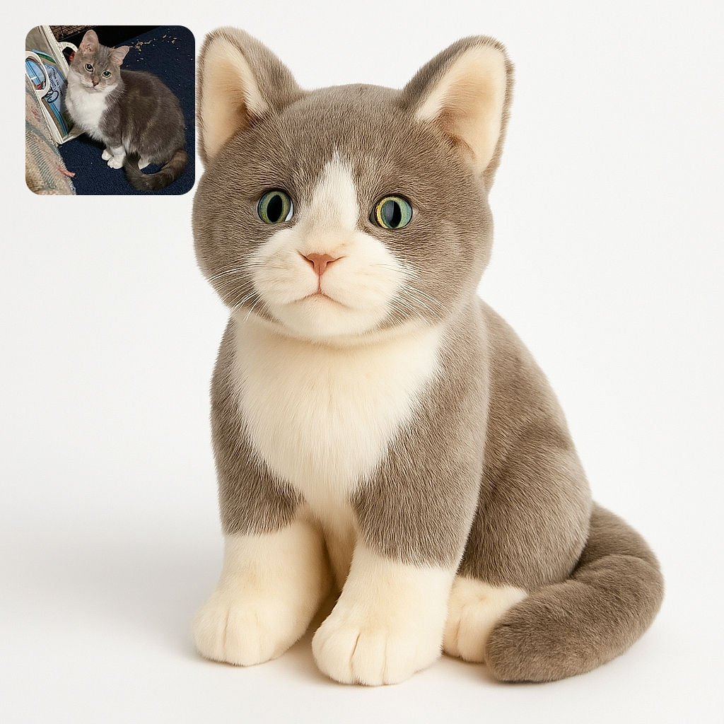 A fluffy gray and white cat sits attentively on a dark carpet next to a bag of pet food, with a cozy but slightly cluttered background. The cat's curious eyes and soft fur make it an endearing snapshot of a furry friend.