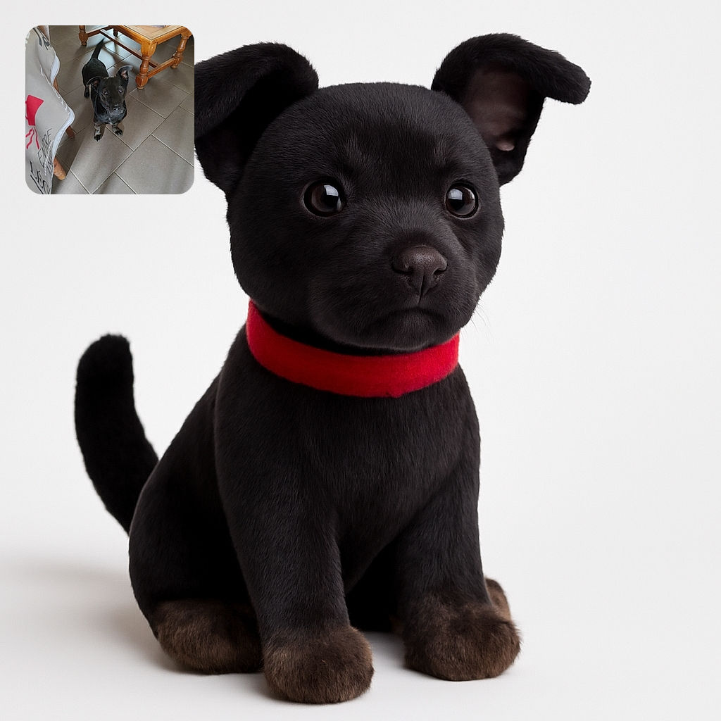 A curious black dog with some white markings on its paws stands on a tiled floor in a cozy room, looking up at the camera with an eager expression. The scene includes wooden furniture and a table with some objects on it, and a fabric with text partially visible on the left side. The photo is clear but has a watermark text overlay from the camera.