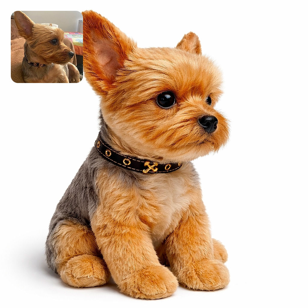 A close-up side profile of a small dog with a shiny black collar, sitting comfortably on a brown blanket with a colorful quilt in the background. The dog's fur is neatly groomed, and its attentive expression suggests it's watching something off-camera.