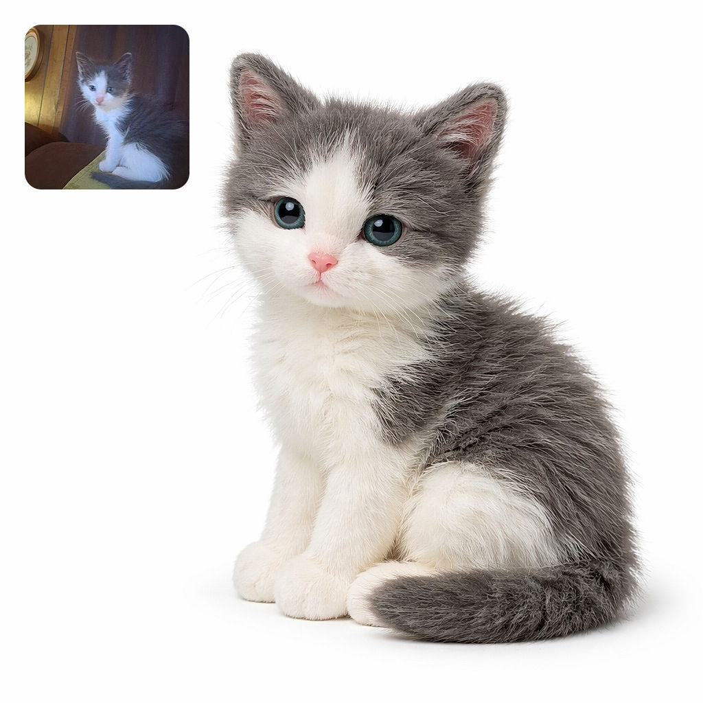 A fluffy gray and white kitten sits perched on a green cushion with a wooden wall and a framed decoration in the background, looking curiously off to the side with soft lighting.