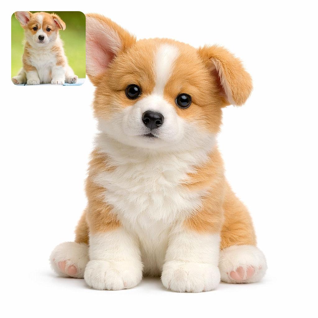 An adorable fluffy puppy with big ears and soulful eyes sits patiently against a soft green blurred background, looking like the cutest little guardian of the garden.