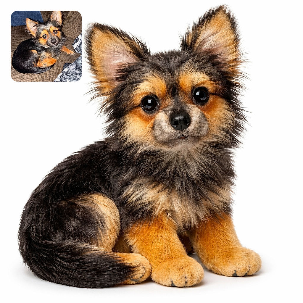 A tiny, big-eared pup curls on the couch and stares up like it just heard the word 'treat' — flash gives it dramatic twinkle-eyes while the blanket and sofa provide maximum snuggle vibes.