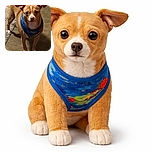 A small brown dog with big, expressive eyes and a colorful blue bandana stands alert on a textured floor next to a rug, looking curiously at the camera as if ready for an adventure or a treat.