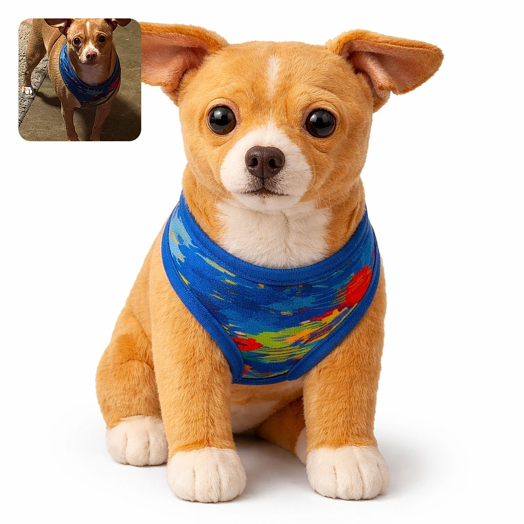 A small brown dog with big, expressive eyes and a colorful blue bandana stands alert on a textured floor next to a rug, looking curiously at the camera as if ready for an adventure or a treat.