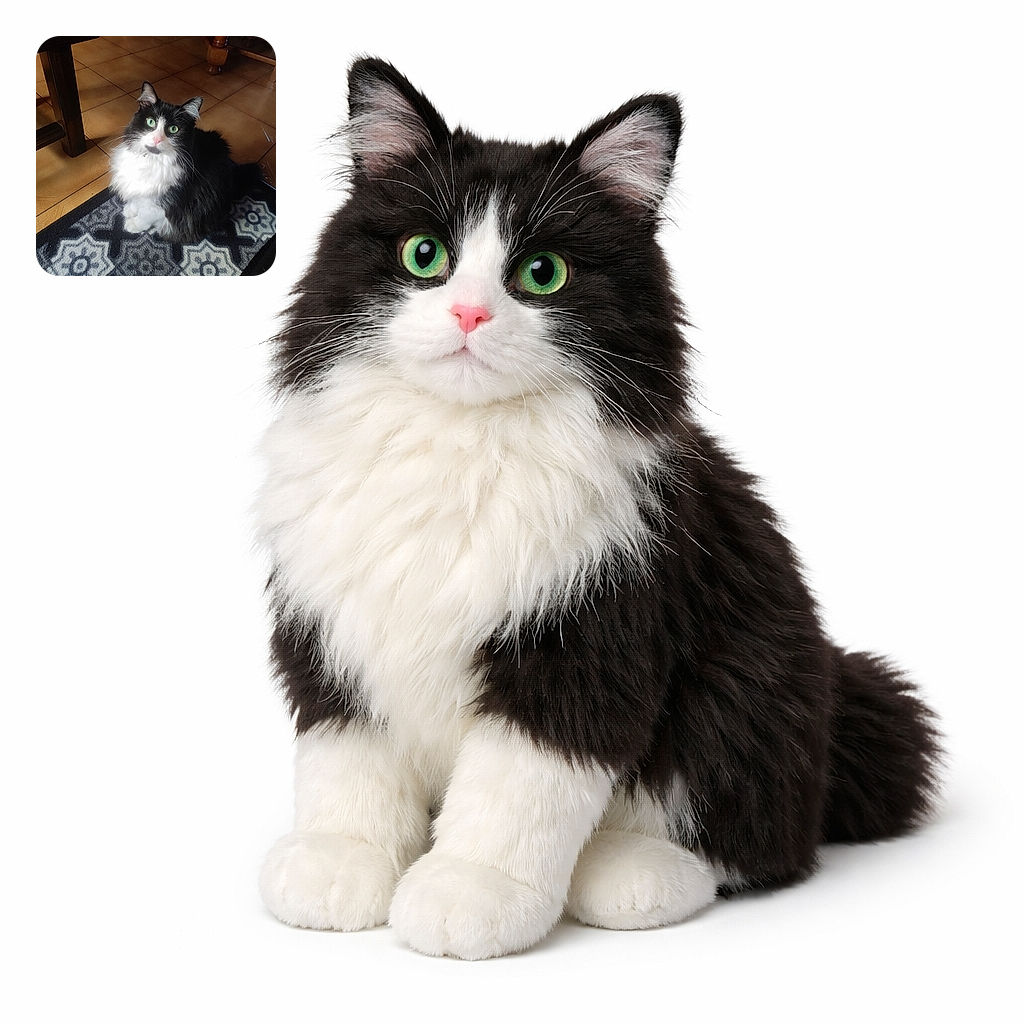 A fluffy black and white cat with striking green eyes sits gracefully on a patterned rug, looking up with curiosity. The warm-toned tiled floor and wooden furniture legs frame the cozy indoor setting.