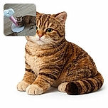 A cozy tabby cat lounges beside a whimsical unicorn-themed scratching post, looking slightly unimpressed as if judging the mythical creature's scratching skills on a wooden floor.