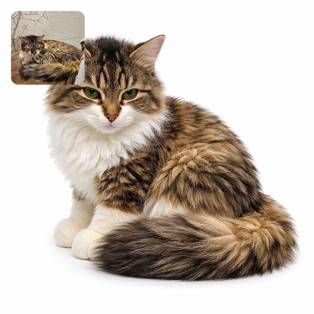 A fluffy tabby cat curled up and napping peacefully on a soft brown cushion, blending cozy textures with a subtle wall pattern of bare tree branches in the background.