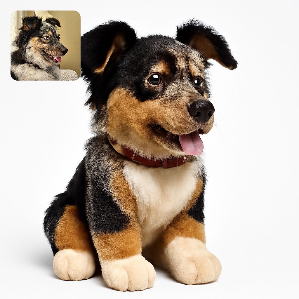 A close-up portrait of a happy dog with fluffy fur and striking blue eyes, sitting comfortably on a couch with a neutral background, tongue slightly out as if smiling at a secret joke.
