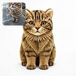 A fluffy tabby cat stares intensely into the camera like a tiny, whiskered detective who has just discovered the patio’s most suspicious paving stone. Its golden eyes, magnificent whiskers, and serious expression steal the show, while garden greenery and outdoor furniture frame the scene.