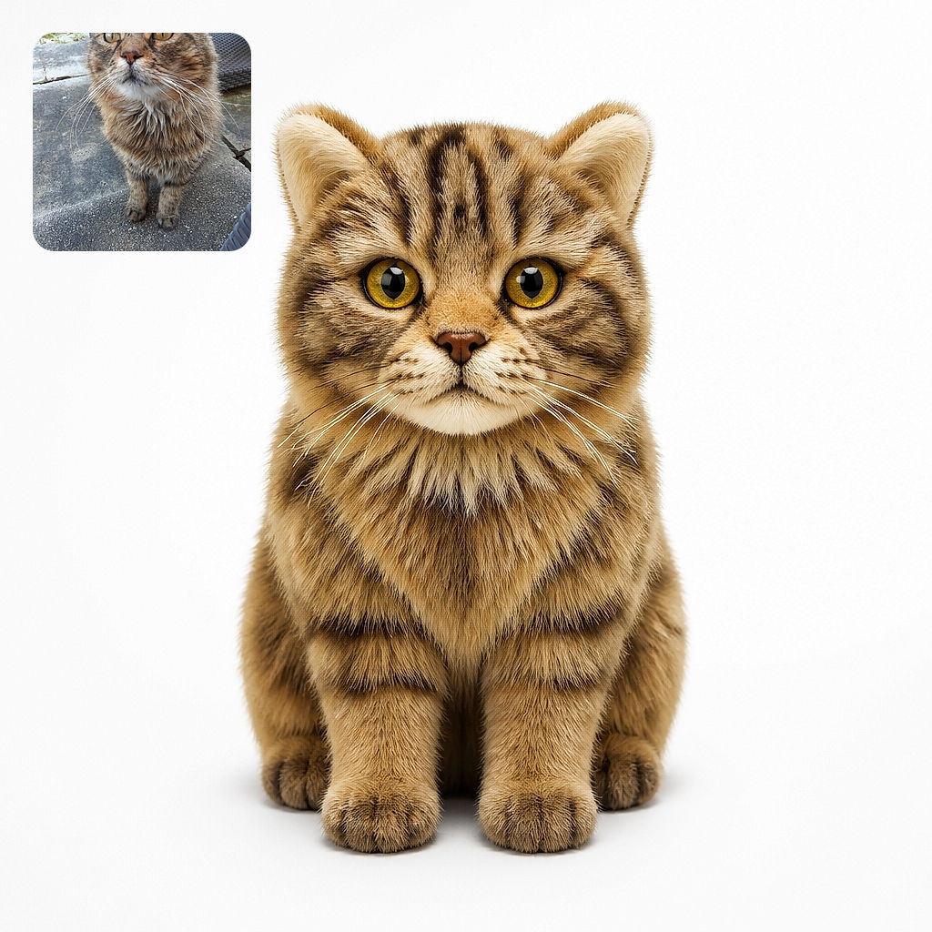 A fluffy tabby cat stares intensely into the camera like a tiny, whiskered detective who has just discovered the patio’s most suspicious paving stone. Its golden eyes, magnificent whiskers, and serious expression steal the show, while garden greenery and outdoor furniture frame the scene.