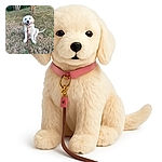A joyful golden retriever puppy sits on a patch of dry grass, leash in front, smiling like it just heard the funniest joke in dog language, with a soft-focus background of trees and greenery.