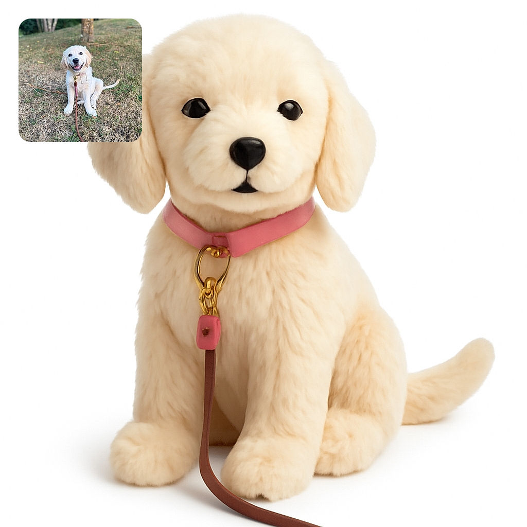 A joyful golden retriever puppy sits on a patch of dry grass, leash in front, smiling like it just heard the funniest joke in dog language, with a soft-focus background of trees and greenery.