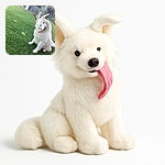 A white fluffy dog sitting on green grass with a distorted swirl effect around its head and tongue, creating a funny and surreal look as if the dog is caught in a playful tornado.