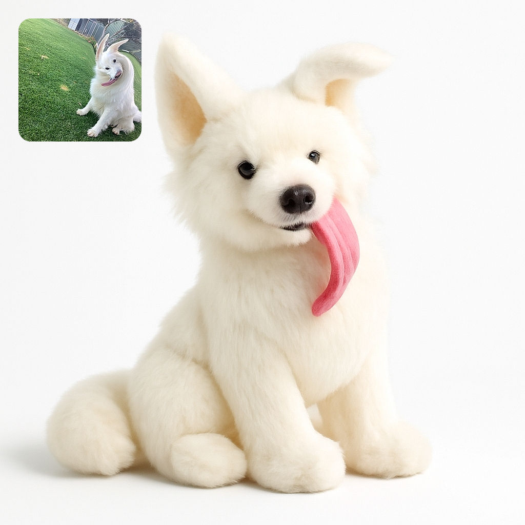 A white fluffy dog sitting on green grass with a distorted swirl effect around its head and tongue, creating a funny and surreal look as if the dog is caught in a playful tornado.