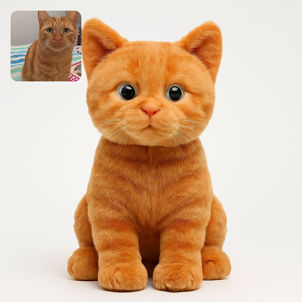 A charming orange tabby cat sits attentively on a striped bedspread, staring directly at the camera with wide, curious eyes. The background is a simple room with a fan and some scattered items, giving a cozy, everyday vibe.